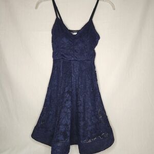 Papya Elegant Navy Floral Lace Dress Lined Womens M Baby Doll.